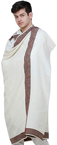 Exotic India Plain Men's Shawl with Brown Woven Border - Pure Wool - color: Ivory