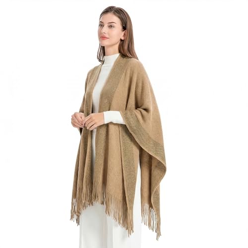 ZLYC Women's Shawl Golden Trim Knit Blanket Wrap Fringe Poncho Coat Cardigan - color: Camel