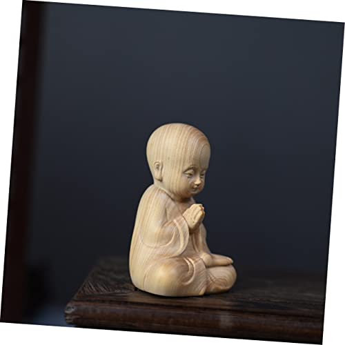 Healifty Boxwood Monk Figurine Hand Carved Desktop Decoration for Home Office Small Pet Ornament Delicate Wood Sculpture for Meditation Feng Shui Decor