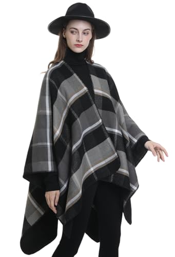 Shawl Wraps for Women, Elegant Knitted Cape Open Front Poncho Scarf Blanket Cardigan Coat for Spring, Autumn, and Winter - color: Gray Black Khaki
