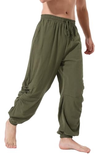 perdontoo Mens Casual Cotton Linen Pant Elastic Waist Drawstring Yoga Jogger Pants - color: Army Green, size: Small