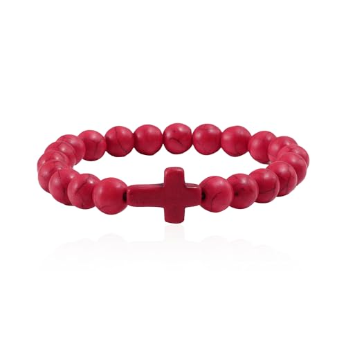 Handmade Cross Natural Colorful Stone Beads Elastic Adjustable Bangle Link Couple Friendship Minimalist Valentine Day Birthday Bracelet Jewelry for Women - color: Red