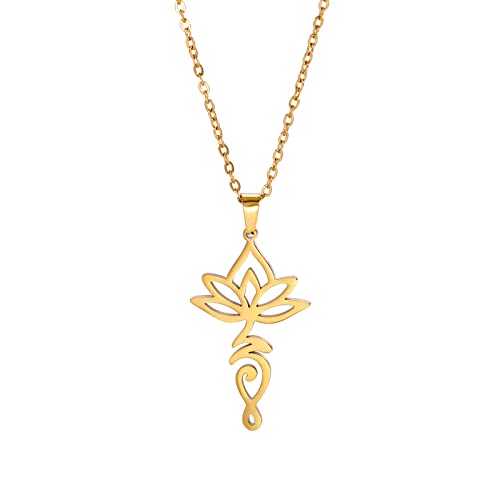 VASSAGO Buddha Lotus Necklace for Women Yoga Healing Pendant Stainless Steel Flower Necklace Buddhist Necklace Unalome Symbol Amulet Religious Jewelry - color: gold 2