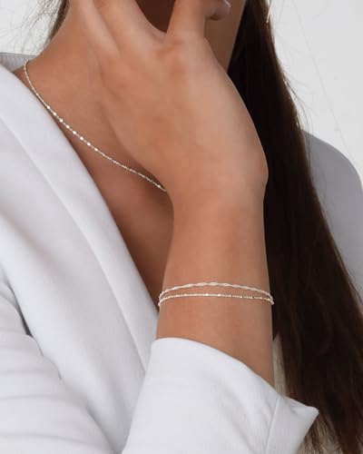 Double Stranded Sterling Silver Bracelet for Women, Dainty Waterproof Chain Bracelet for Women, Teen (Twirl & Satellite Chains)
