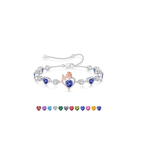 Birthstone Bracelets for Women - 925 Sterling Silver Rose Heart Charm Bracelets, Anniversary Birthday Gifts for Women Wife Mom Girlfriend Daughter, 6"+2" - color: 12-December-Tanzanite Blue