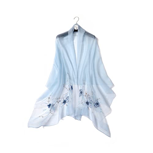 Women Silk & Wool Long and Large Scarf Shawl Wrap For Evening Dress - color: Flower Embroidery Light Blue