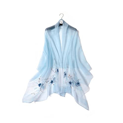 Women Silk & Wool Long and Large Scarf Shawl Wrap For Evening Dress - color: Flower Embroidery Light Blue