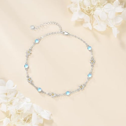 CRMAD 925 Sterling Silver Daisy/Sunflower Moonstone Anklet Daisy Flower Ankle Bracelet for Women Beach Dainty Jewelry - size: 9+2 inch, style: Lily