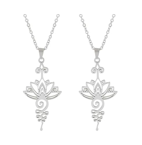 2Pcs Lotus Flower Necklace for Men Women, Vintage Alloy Hollow Meditation Jewelry, Mindfulness Calm Energy Pendant