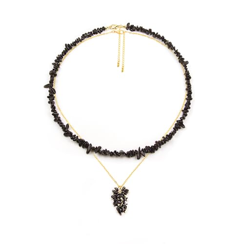 2Pcs Crystal Necklace for Women Handmade Choker Necklaces Pendant Necklace Natural Stone Gemstone Beaded Necklace 18k Gold Plated Adjustable Dainty Necklace for Women - color: Black Tourmaline