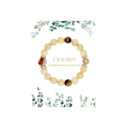 Birth Flower Crystal Bracelets for Women, Handmade Natural Gemstone Stretch Jewelry with Healing & Positive Energy - color: Oct. Marigold & Citrine