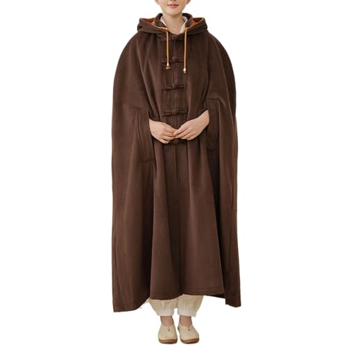 Meditation Hooded Cloak Loose-Fit Comfortable Warm Fleece Prayer Robe Women Men Oversize Button Capes Coat - color: Coffee, size: Large