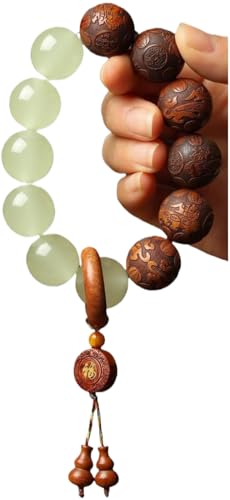 Pear Wood Buddha Beads Mala Bracelet Hand Carved Wooden Beads with Luminous Jade Lucky Charms Wealth Attracting Buddhist Prayer Bracelet for Men and Women Healing Energy Running Ring