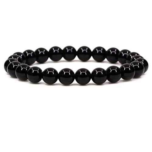 Amandastone Natural Gemstone 8mm Round Beads Stretch Bracelet 7 Inch - color: Black Agate