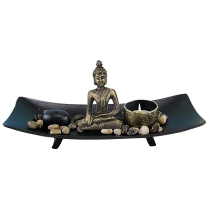 Zen Garden Set Buddha Statue, Tealight Candle Holder, Rocks & Incense Burner Holder & Wood Tray for Meditation, Office, Yoga Decor, Spiritual Decoration