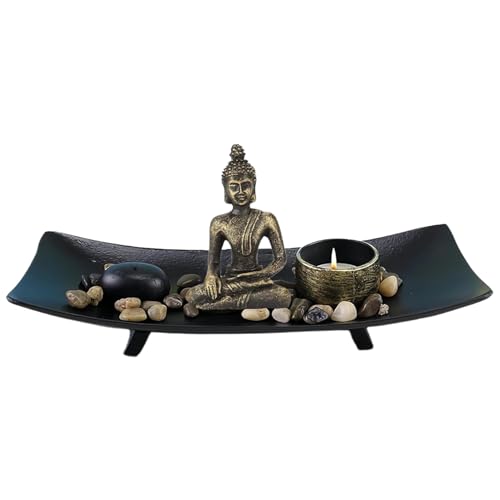 Zen Garden Set Buddha Statue, Tealight Candle Holder, Rocks & Incense Burner Holder & Wood Tray for Meditation, Office, Yoga Decor, Spiritual Decoration