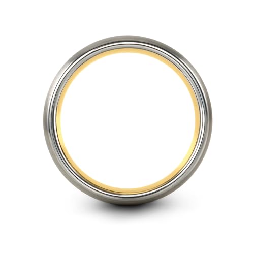 Gift for Yoga Fan - Yoga Meditation Ring - Flat Dome Bevel - Band - Men Women - Brushed Polished - Tungsten - Personalized Custom Engraving - 8mm - Anniversary Wedding - Yellow Rose Gold Silver - color: 02 - Yellow Gold Grey Tungsten