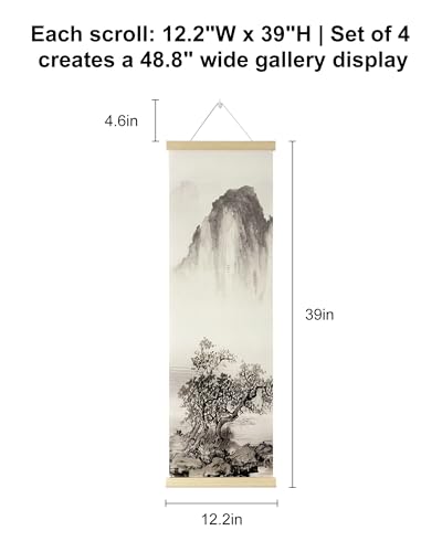 TaraZen Landscape Wall Painting Set of 4 - Chinese Ink Mountain River Scroll, Vertical Asian Wall Art Decor with Wood Frame for Living Room, Bedroom & Office - style: Asian