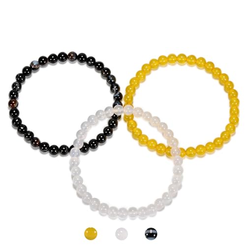 3PCS Agate Bracelet for Women Men Natural Round Beaded Agates Stone Healing Stretch Bracelets Elastic Handmade Polished Gemstone Beads Bracelet - color: Black White+Yellow+White