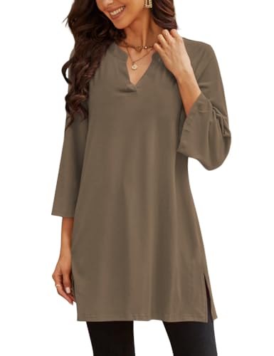 Poetsky Womens Tunic Tops 3/4 Bell Sleeve Loose Fit Tunics Dressy Casual Side Split Flare Top for Leggings S-3XL - color: Dark Brown, size: Small