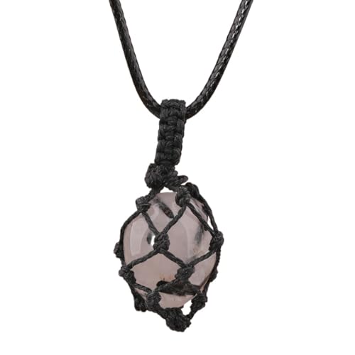 Crystal Tumbled Stone Pendant Necklace for Women Knotted Net Bag Leather Necklace Yoga Meditation Jewelry Gifts - color: Black Rutilated