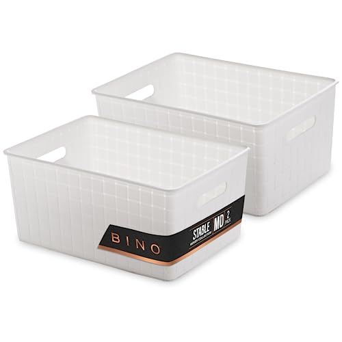 BINO Plastic Storage Baskets - Medium White - Rectangular Cabinet Organizer - Multi-Use Storage with Handles - Space Efficiency and Stock Management - color: White, size: 2PK Medium