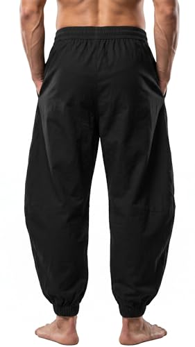 perdontoo Mens Casual Cotton Linen Pant Elastic Waist Drawstring Yoga Jogger Pants - color: Black, size: X-Large