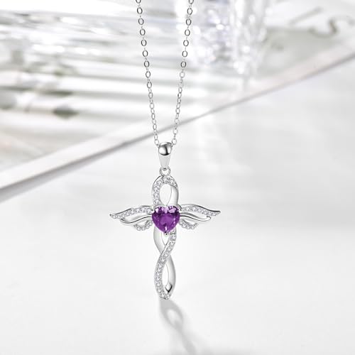 TANGPOET Angel Wings Necklace for Women 925 Sterling Silver Guardian Angel Pendant, Heart Cross Birthstone Necklace, Birthday Jewelry Gifts for Her - style: 2-February Amethyst