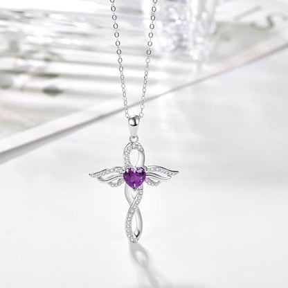 TANGPOET Angel Wings Necklace for Women 925 Sterling Silver Guardian Angel Pendant, Heart Cross Birthstone Necklace, Birthday Jewelry Gifts for Her - style: 2-February Amethyst