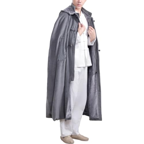 Meditation Prayer Hooded Cloak Long Button Down Unisex Cape Double Layer Warm Medieval Coat Poncho - color: Gray, size: XX-Large