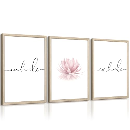 Inhale Exhale Wall Art Zen Canvas Decor Yoga Lotus Wall Art Calming Meditation Artwork Pink Yoga Poster Zen Pictures Painting for Living Room Bedroom 16x24 Inch Wood Framed Set of 3 - color: Yoga Wall Art, size: 24"L x 16"W, style: Framed