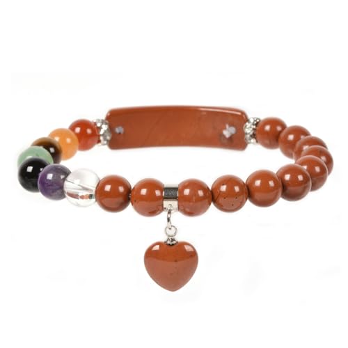 Justinstones Gem Semi Precious Gemstone Love Heart Charm Stretch Beaded Bracelet Unisex - color: Red Jasper(7 Chakra)