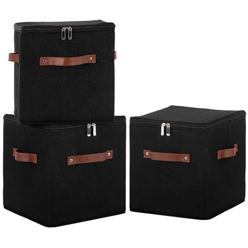 11inch Storage Boxes Cubes with Zipper Lid Collapsible Fabric Lidded Storage Bins Baskets PU Leather Handle Cotton Linen Decorative Shelf Closet Organizer Container (Black, 3PCS) - color: Black, size: 11 in (Set of 3)