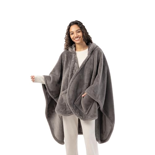 Berkshire Faux Fur Wearable Blanket, Cozy Reversible Loftmink Fleece Shawl with Hood & Side Pockets - color: Charcoal Grey
