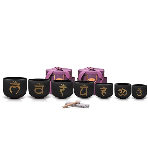 TOPFUND 6-12 inch Chakra Set of 7 Golden Sanskrit Black Crystal Singing Bowls with Heavy Duty Carrying Case and Singing Bowl Mallets - color: Set of 7 Sanskrit Black, size: 6-12 inch