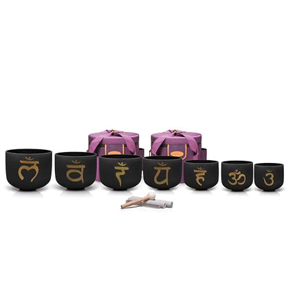 TOPFUND 6-12 inch Chakra Set of 7 Golden Sanskrit Black Crystal Singing Bowls with Heavy Duty Carrying Case and Singing Bowl Mallets - color: Set of 7 Sanskrit Black, size: 6-12 inch