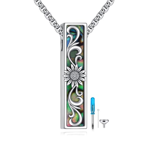 Cremation Urn Necklaces for Ashes Sterling Silver 3D Vertical Bar Memorial Pendant for Loved Ones Keepsake Cremation Jewelry Gifts for Women Men - style: Sunflower