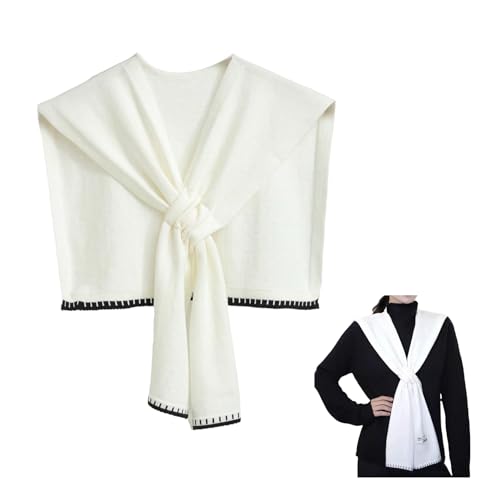 Sweater Shawl Wraps for Women Fashion Knitted Shoulder Shawls Ponchos Casual Sweaters Scarf Cape Wraps with Sleeves - color: 07 White/Black Trim