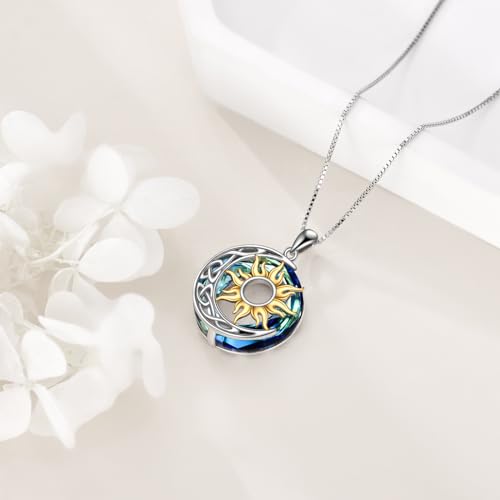 Sun and Moon Necklace for Women 925 Sterling Silver Celtic Crescent Moon Pendant Blue Opal/White Opal/Abelone Shell/Labradorite/Moonstone Jewelry Gift for Teen Girls - color: crystal