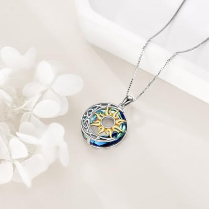 Sun and Moon Necklace for Women 925 Sterling Silver Celtic Crescent Moon Pendant Blue Opal/White Opal/Abelone Shell/Labradorite/Moonstone Jewelry Gift for Teen Girls - color: crystal