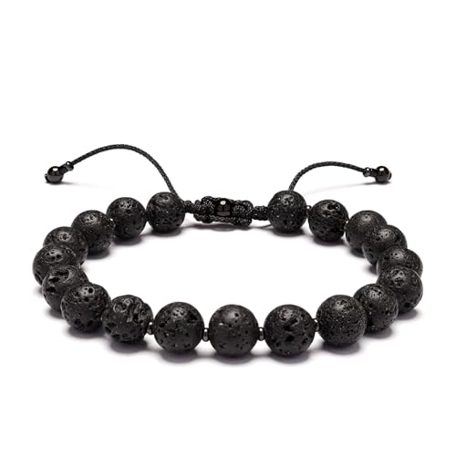 Men’s Beaded Bracelet Adjustable, Natural Texture Beads with Stainless Steel Spacers, Braided Cord, Minimal Everyday Bracelet for Men & Women - color: Lava Black 8mm