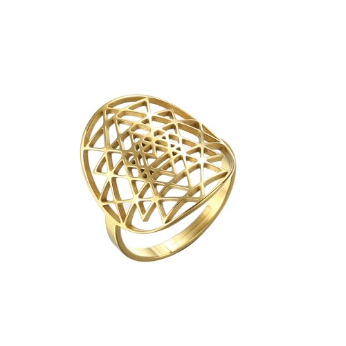 Adjustable Sri Yantra Chakra Ring Sri Yantra Amulet Talisman Pendant Sacred Geometry Ring Hinduism Symbol Sacred Hindu Ring Meditation Jewelry for Women Men - color: gold