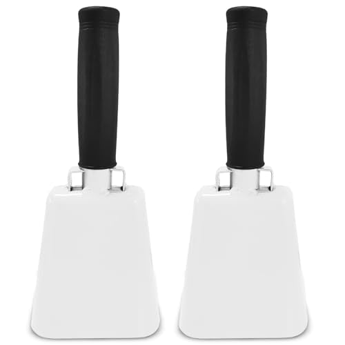 Deke Home - 2 Pack 7 Inch Steel Cowbells with Handle, Loud Noise Makers for Football, Sports, Parties, Competitions, School Spirit & Safety, Large Hand Bell for Cheering & Percussion Instrument - color: White, size: 7 Inch
