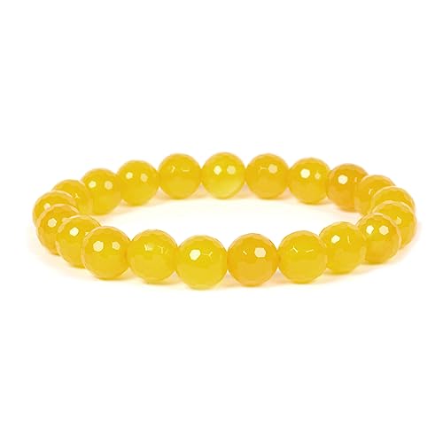 Justinstones Gem Semi Precious Gemstone 10mm Round Beads Stretch Bracelet 7 Inch Unisex - color: Faceted Yellow Agate