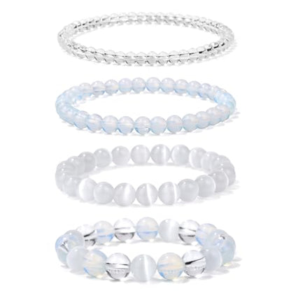 4pcs Beaded Bracelets for Women,Natural Healing Crystal Gemstones Bracelet,Anxiety Stress Relief Bracelet Handmade purple Jewelry Gifts for Women - color: Clear crystal&Opal&Cat Eyes