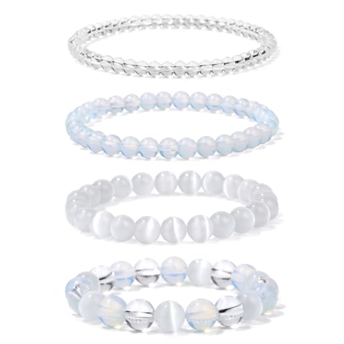 4pcs Beaded Bracelets for Women,Natural Healing Crystal Gemstones Bracelet,Anxiety Stress Relief Bracelet Handmade purple Jewelry Gifts for Women - color: Clear crystal&Opal&Cat Eyes