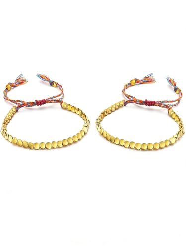 Acxico 2Pcs Tibetan Buddhist Braided Cotton Copper Beads Lucky Rope Bracelet Bangle