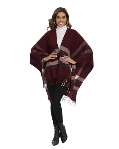 Shawl Wraps for Women, Elegant Knitted Cape Open Front Poncho Scarf Blanket Cardigan Coat for Spring, Autumn, and Winter - color: Red Beige