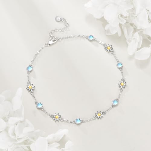 CRMAD 925 Sterling Silver Daisy/Sunflower Moonstone Anklet Daisy Flower Ankle Bracelet for Women Beach Dainty Jewelry - size: 7+2 inch, style: daisy