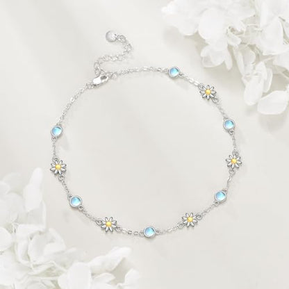CRMAD 925 Sterling Silver Daisy/Sunflower Moonstone Anklet Daisy Flower Ankle Bracelet for Women Beach Dainty Jewelry - size: 7+2 inch, style: daisy